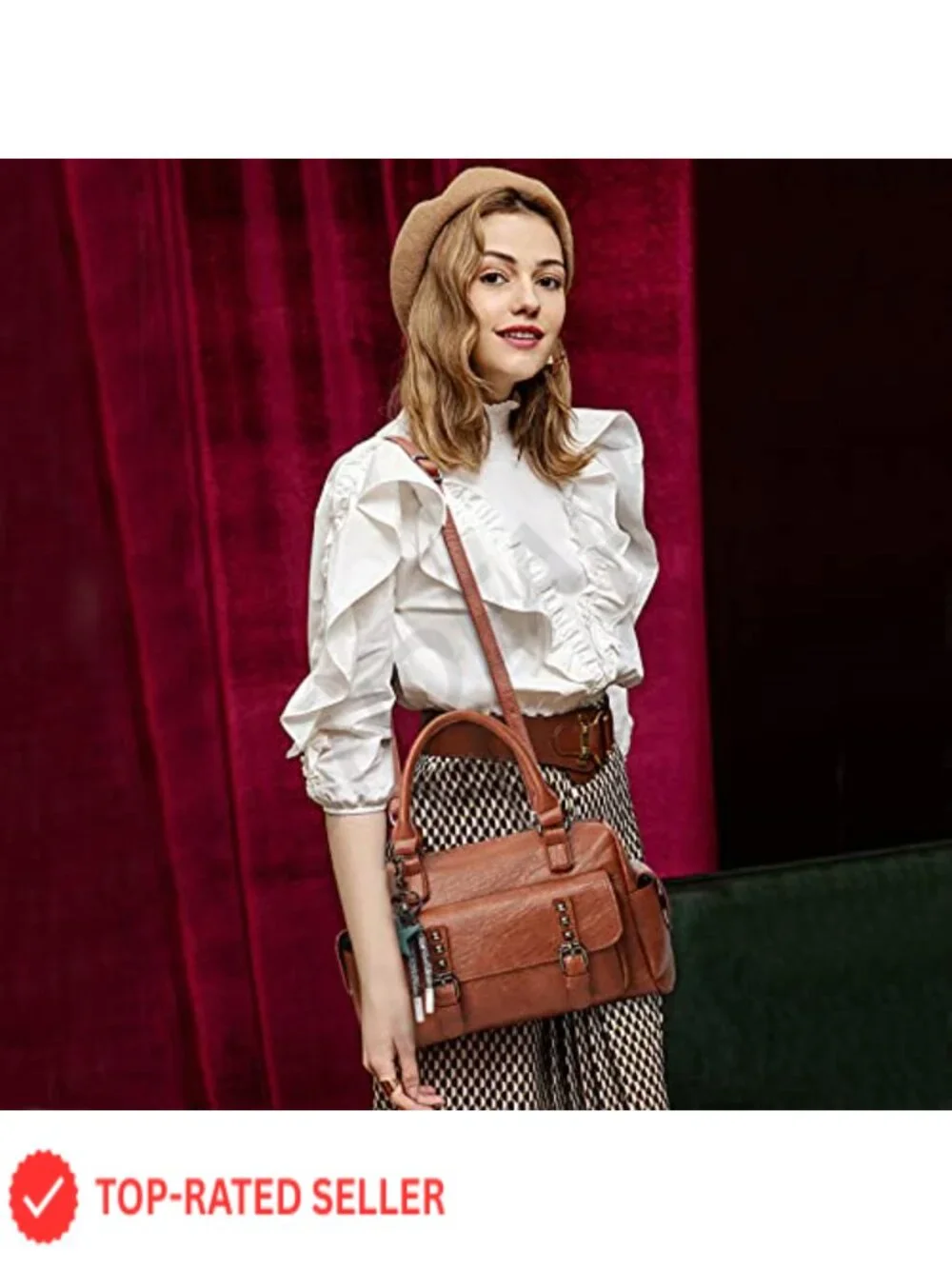 PU Leather Satchel Handbag with Pendant Crossbody Shoulder Bag
